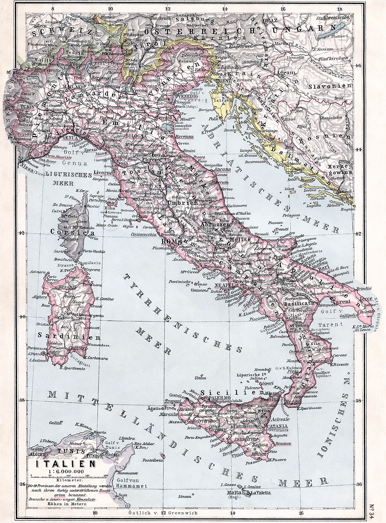 historische Karte von Italien 1905