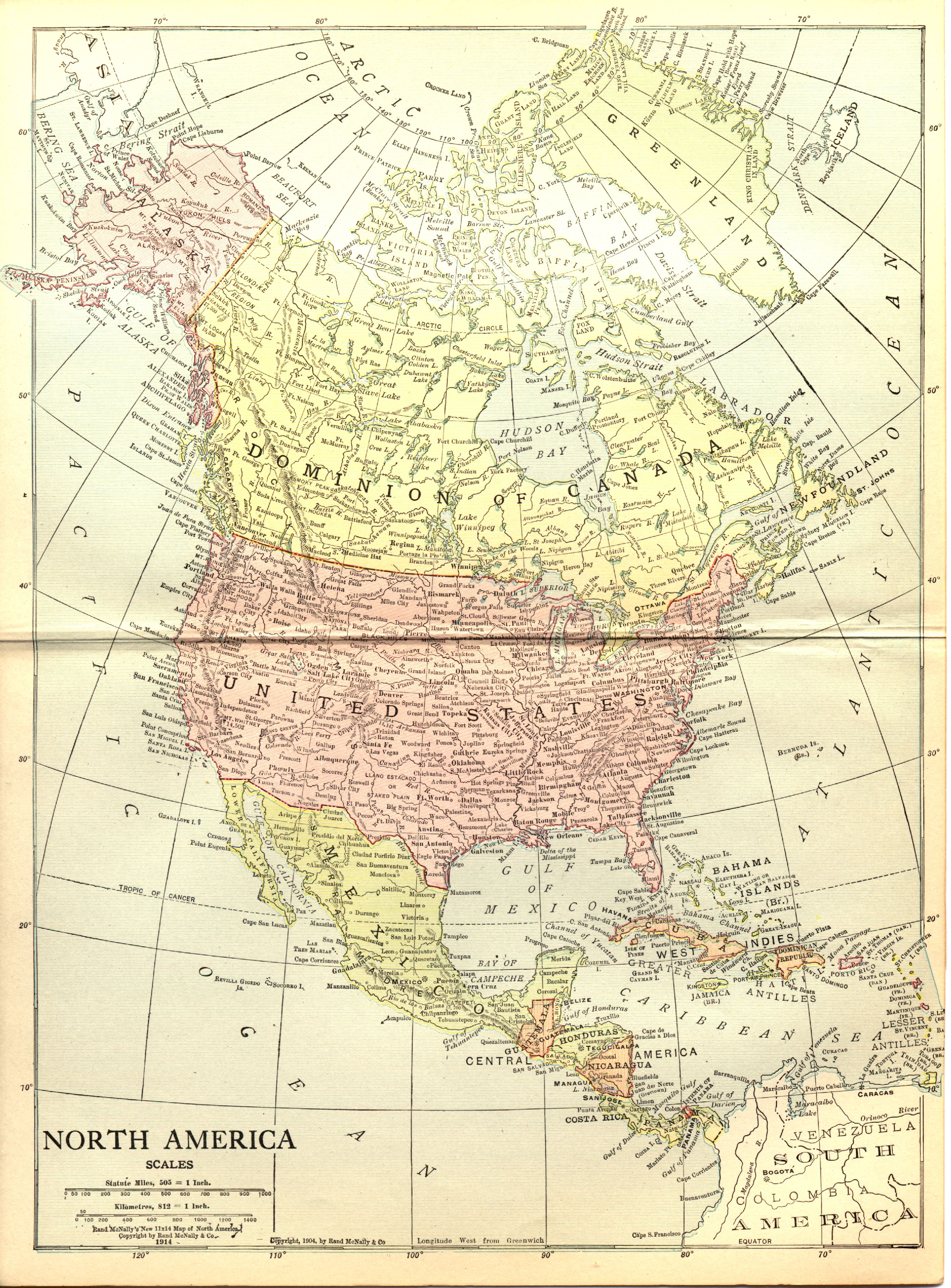 Historische Karte Nordamerika von 1914
