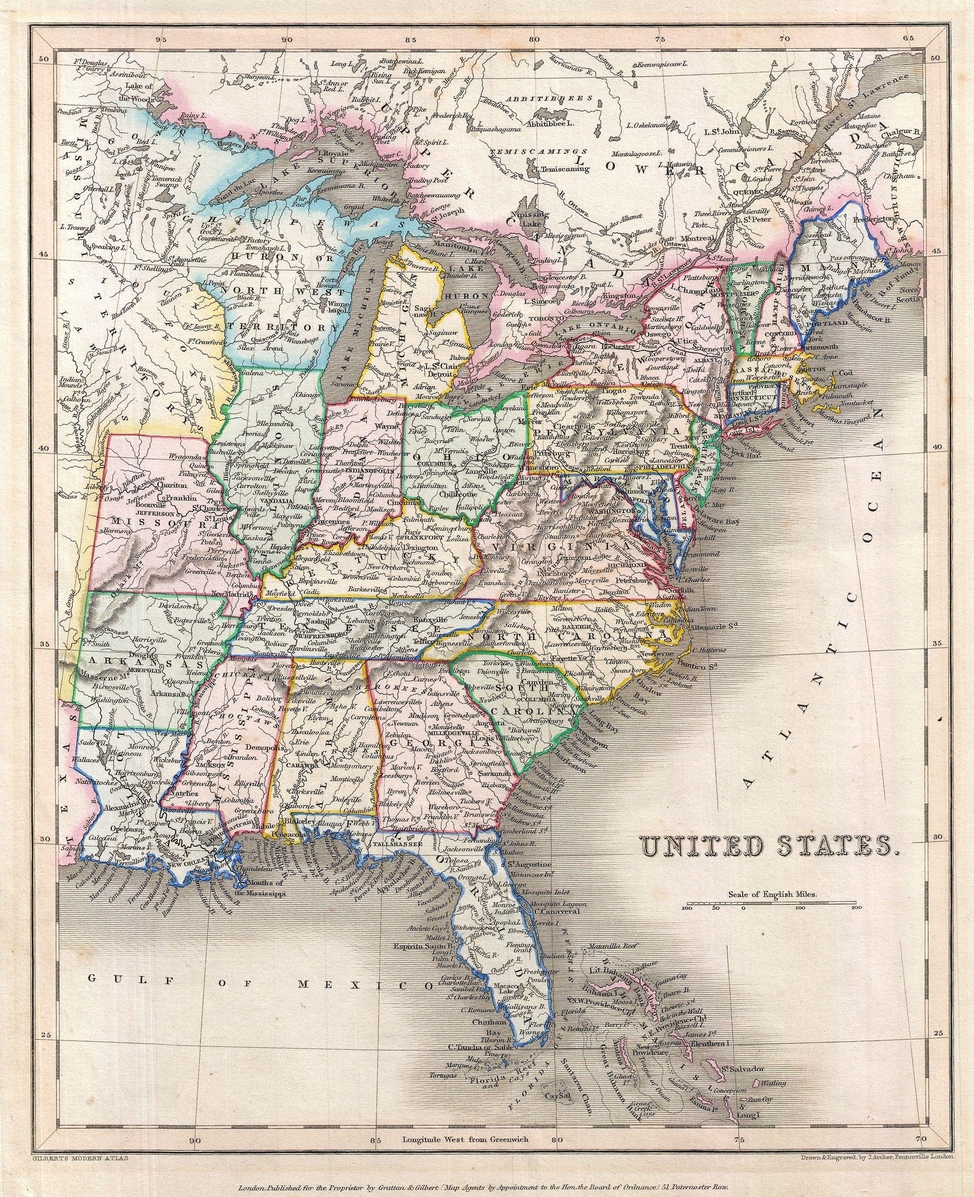 historische karte der USA 1843